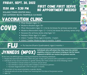 MPox Vaccine Event Friday, September 30, 11Am to 5:30PM at 1451 Gateway Blvd, Fairfield, CA
